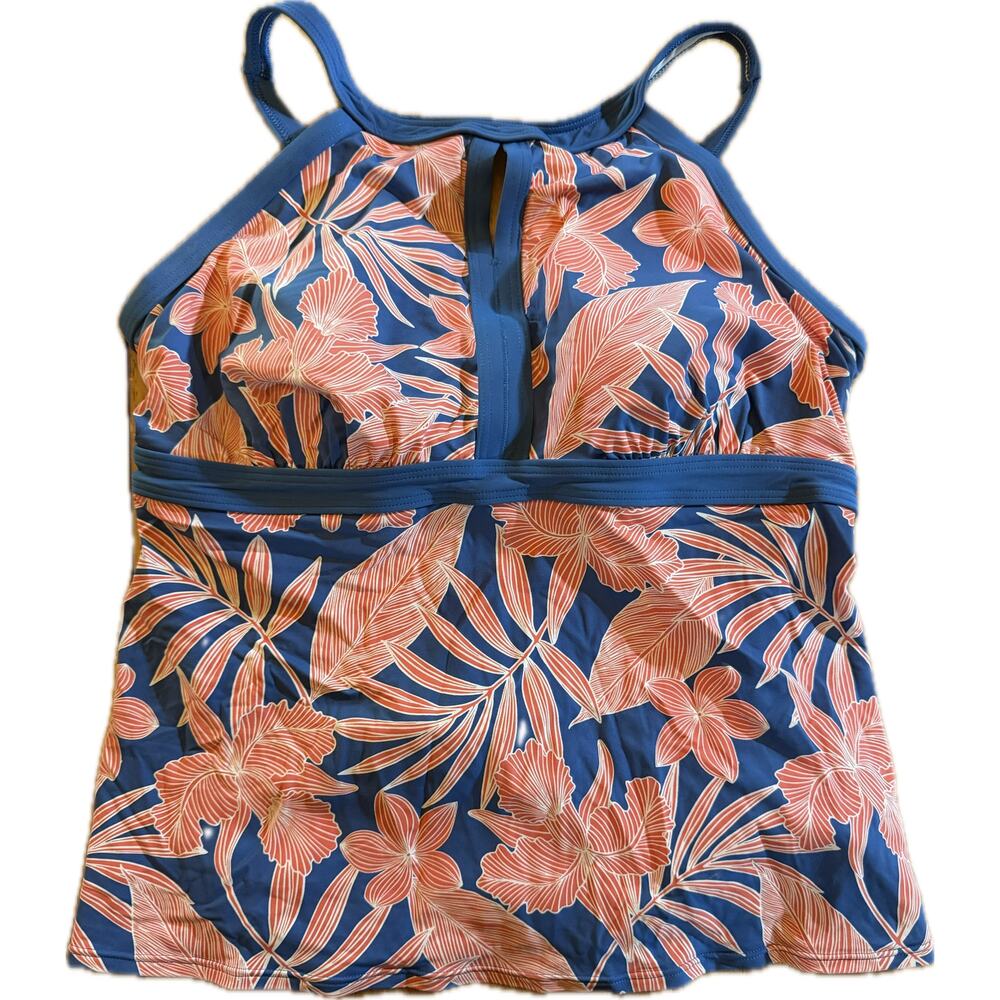 Lands' End Tankini Swim Top Womens 14 DDD Blue Coral Tropical Floral